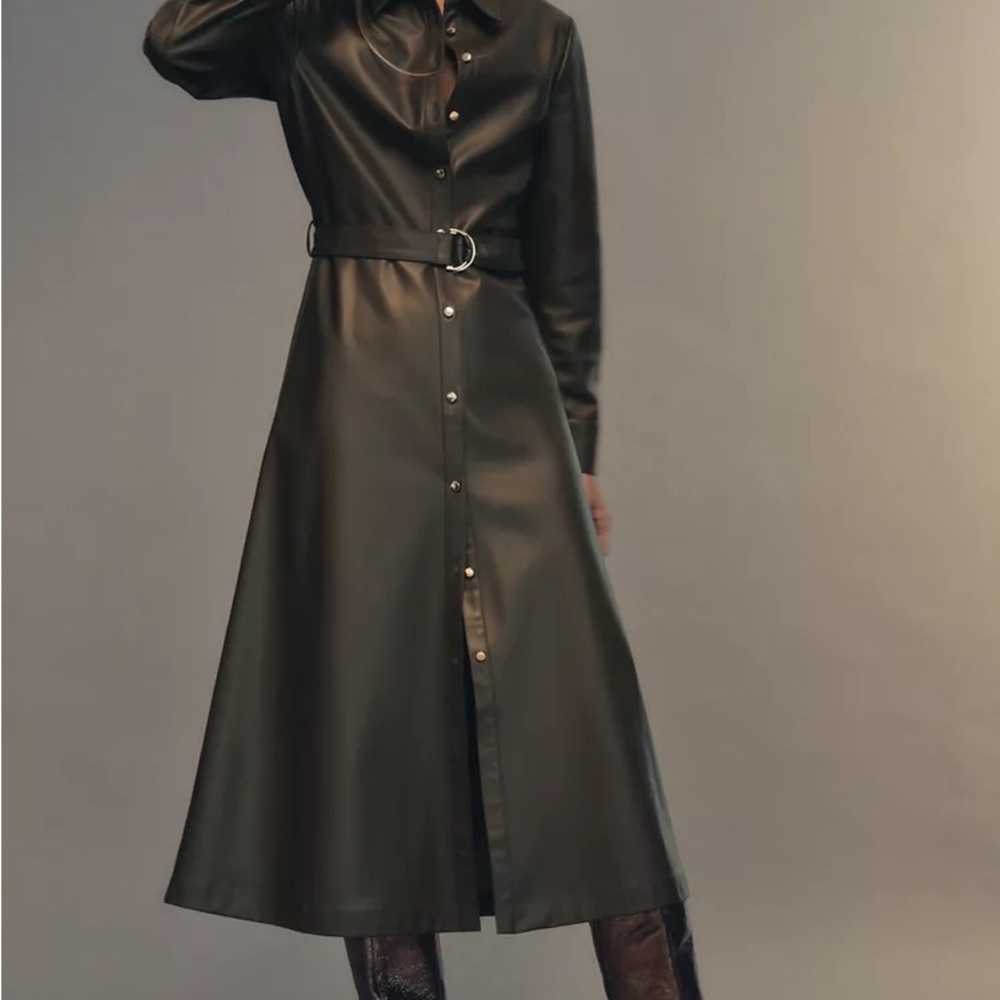 Zara Brown Vegan Leather Buttoned Long Sleeve Dress